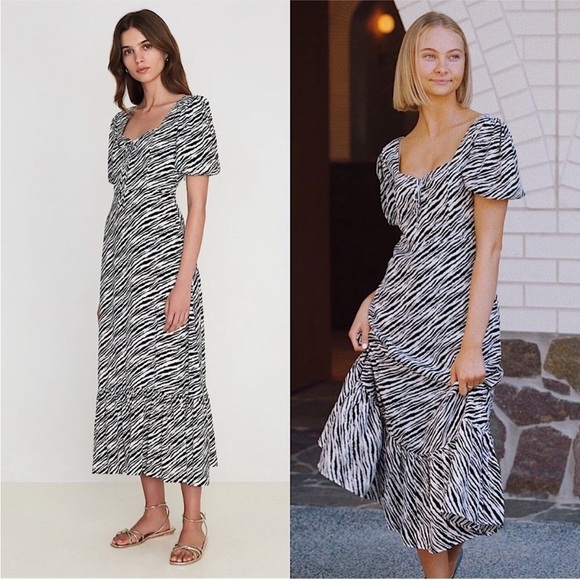 Faithfull the Brand Dresses & Skirts - Faithfull The Brand Gabriela Zebra Stripe Black White Puff Sleeve Midi Dress M